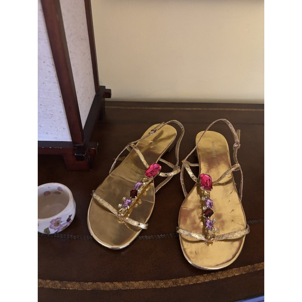 NINE West Gold Jeweled Strappy Flat Sling Back Sandals Size 8.5 M